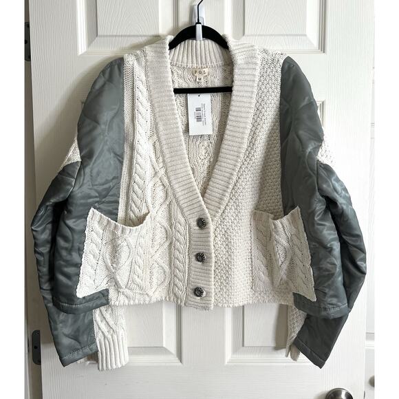 POL Sweaters - POL Naomi Cable Knit Mixed Media Boxy Grandpa Cardigan Jacket Sz M NWT